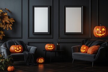 Obraz premium Spooky elegant Halloween living room with glowing jack-o'-lanterns and empty frames for decor