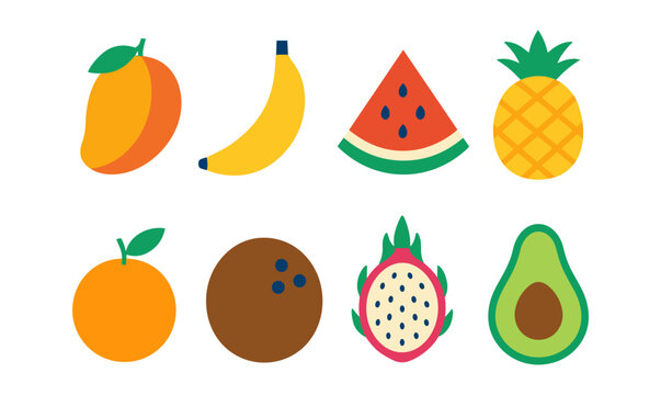 Colorful flat style fruit icons: tropical selection with simple shapes