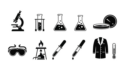 Science Essentials Icons: a collection of essential laboratory equipment in bold, crisp silhouettes. this illustration serves as a visual guide to the fundamental tools