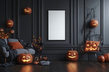 Spooky Halloween scene with glowing jack-o'-lanterns and cozy seating in a dark, elegant room