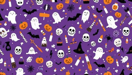 Naklejka premium Festive Halloween Pattern Ghosts, Pumpkins, Skulls, and Spooky Fun on a Purple Background