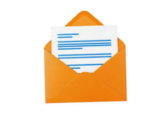 Orange envelope with a letter isolated on transparent background