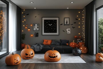 Spooky Halloween bedroom decor with glowing jack-o'-lanterns and festive string lights creates a magical atmosphere