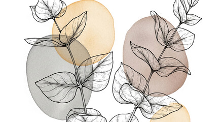 Line art eucalyptus leaves on watercolor beige and grey circles background, elegant minimalist botanical design, ideal for print, wallpaper or decoration