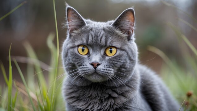 A gray cat with striking yellow eyes is resting - Powered by Adobe