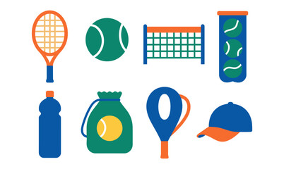Colorful tennis equipment set featuring rackets, balls, and net in flat design