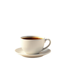White ceramic coffee cup and saucer filled with hot coffee isolated on transparent background