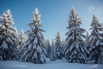 Naklejka premium Snow-laden trees in a serene winter woodland scene