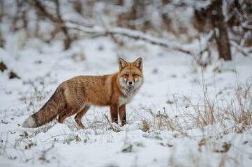 Fototapeta premium Red Fox prowling on a snowy meadow in a wintry forest setting.