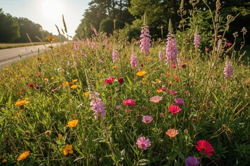 Obraz premium Blooming Wildflowers Along a Scenic Road in Summer