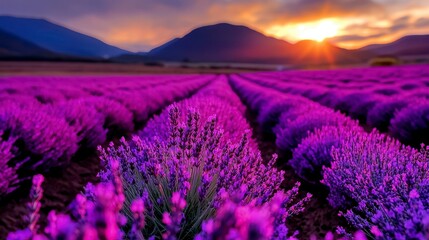 Naklejka premium A beautiful lavender garden in full bloom, showcasing vibrant purple flowers against a clear sky, creating a serene summer landscape.