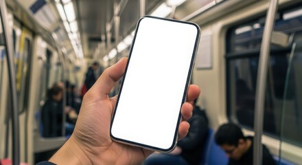 A hand holds a smartphone with a blank screen inside a crowded subway train car, blurred passengers.