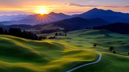 A breathtaking mountain landscape at sunset, showcasing the beautiful interplay of colors in the sky and natural surroundings.