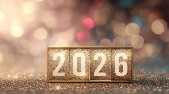 Golden flip calendar displaying 2026 on glittering bokeh background for New Year and celebration concept.