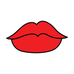 A vibrant red lips illustration with a black outline against a plain white background aesthetic design