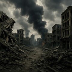 Fototapeta premium Post-apocalyptic urban landscape with destroyed buildings and atmospheric smoke depicting aftermath of conflict for dramatic storytelling and cinematic scenes