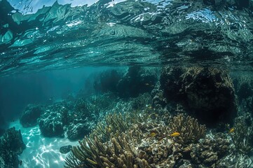 Obraz premium The Submerged Ecosystem Featuring Water, Fish, Plants, Sand, and Rocks