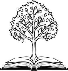Tree: A stylized line art illustration of a tree with leaves, growing from an open book, symbolizing knowledge, nature, and growth.