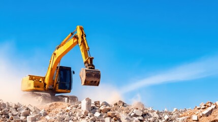 Excavator demolishing rubble under a clear blue sky, dust swirling in the background during construction
