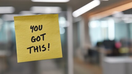 Yellow sticky note says "You Got This!" on glass office partition. Motivational reminder for inspiration and encouragement.