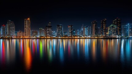 Fototapeta premium City skyline at night with skyscraper buildings reflecting colorful light on water at waterfront. Modern urban landscape.
