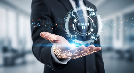 A businessperson in a dark suit presenting a holographic contact hub: a glowing circular interface with the words “CONTACT US” at the center, surrounded by icons for phone, chat, Wi-Fi, email, and @. 