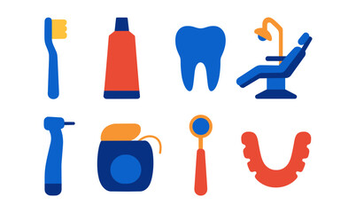 Colorful dental care icons set featuring tools and equipment