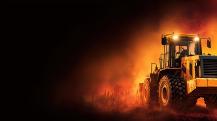 Obraz premium A powerful yellow bulldozer working against a fiery backdrop, showcasing strength in a dramatic landscape