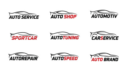Automotive Logos Collection: A collection of sleek, modern car silhouettes each accompanied by a word illustrating an automotive-related service or concept.