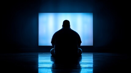 Man sitting on floor in dark room watching glowing TV screen