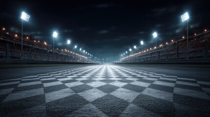 Empty illuminated night race track, with checkerboard finish line, surrounded by stadium stands for automotive championship event.