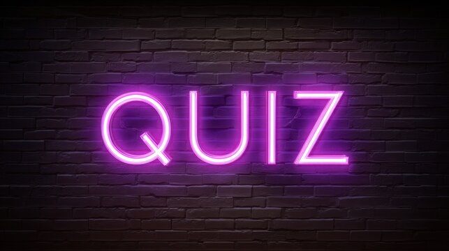 Neon quiz sign glowing on dark brick wall for game show banner. Entertainment and trivia night concept, bright electric text for test.