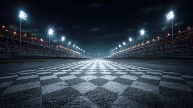 Empty illuminated night race track, with checkerboard finish line, surrounded by stadium stands for automotive championship event.