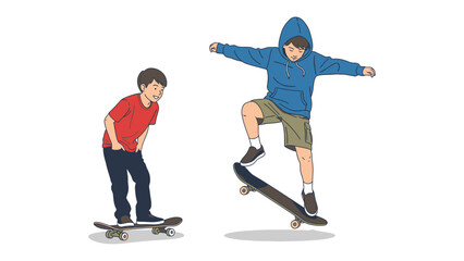 Fototapeta premium Skateboarding Duo: An illustration of two boys enjoying the excitement of skateboarding, performing dynamic stunts and embodying the spirit of adventure and fun.