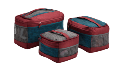 Three nested, reddish-maroon and teal-colored travel packing cubes.  Each cube has mesh panels and handles