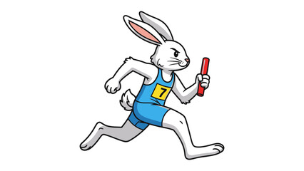 Fototapeta premium Rabbit Relay Racer: This vibrant illustration captures a determined rabbit in athletic attire, gripping a baton and sprinting forward in a relay race. The image evokes energy and movement