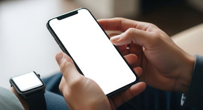 Person holding a smartphone with a blank white screen, with a smartwatch visible in the background.
