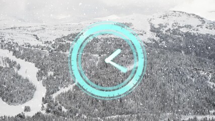 Animation of circular scanner with clock hands over snow covered mountain forest - Powered by Adobe