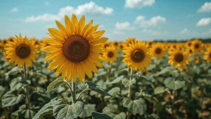 Fototapeta premium A single sunflower towers prominently over a field filled with sunflowers