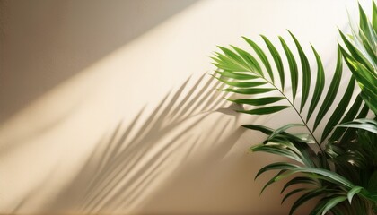 light beige wall with subtle shadow of green plant background copy space