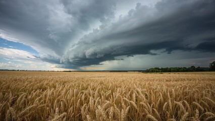 Naklejka premium Clouds heavy with rain glide over a wheat field beneath a turbulent sky.
