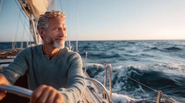 Caucasian man sailing on a yacht in the ocean at sunset. Happy adult skipper on a sailboat. Adventure, freedom concept.