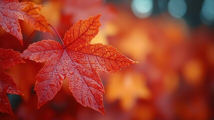 Close-up of Autumn Red Maple Leaves with Blurred Background, Vintage Tone, Film Grain, Soft Focus
