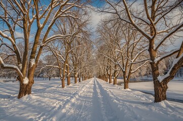 Obraz premium Winter park with snow-laden trees and a walkway bathed in sunlight and long shadows