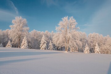 Obraz premium The sky appears azure with snow blanketing the leafless trees.
