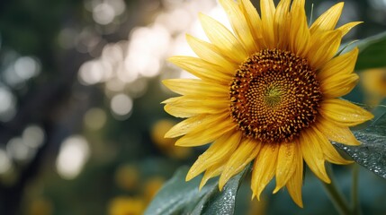 Naklejka premium Beautiful bright sunflower with dew drops. Nature background with yellow blossom. Symbol of summer, harvest, energy.
