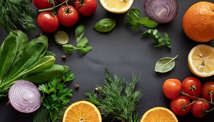fresh greens tomatoes citrus fruits and onions arranged on a dark surface