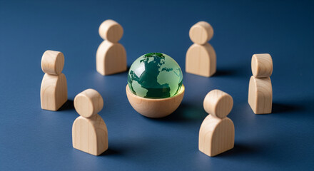 Obraz premium Wooden figures circle a green globe, symbolizing global unity and sustainable focus.