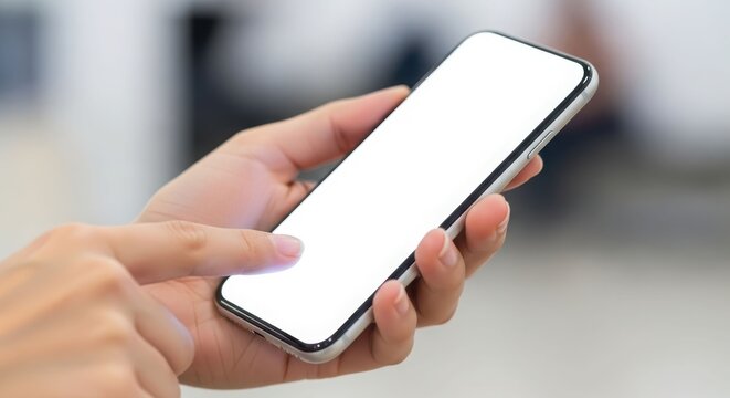Close-up of a hand holding a smartphone with a blank white screen, touching it.