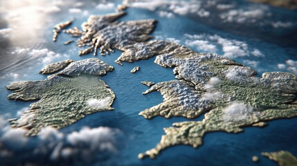 Detailed relief map showing european coastline and islands, with blue water and white clouds. Geographic data, travel.